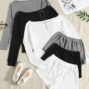 SHEIN 3sets Waffle Knit Top & Shorts Sleepwear Pajamas Lounge Set Women’s Sz M